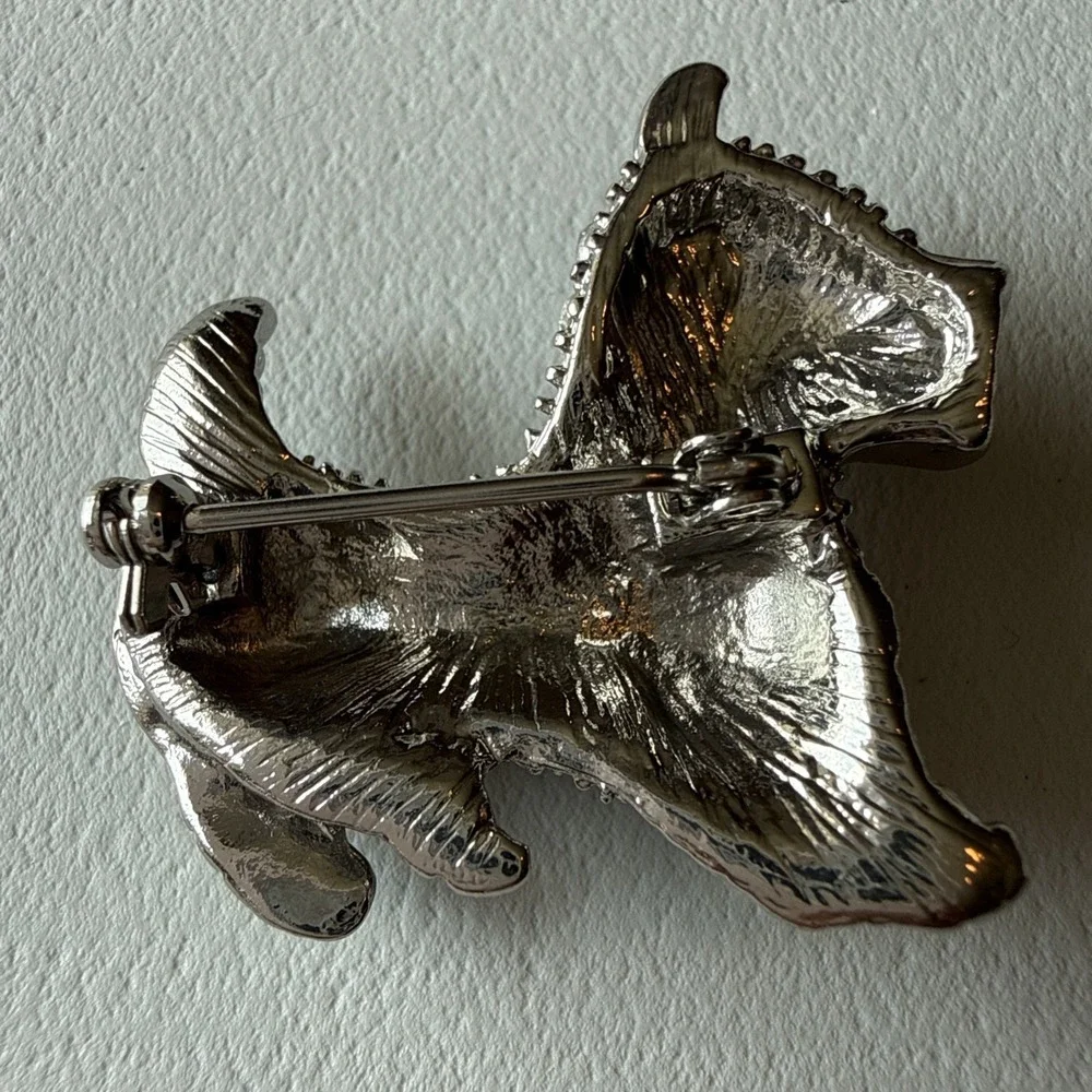 Vintage Scottish Terrier Silver Tone Brooch  Red Collar Rhinestone Pin‎